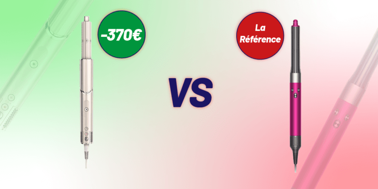 Comparatif visuel entre le styler Shark FlexStyle noir et or et le Dyson Airwrap, montrant les deux appareils de coiffure et leurs embouts boucleurs côte à côte pour un test complet.