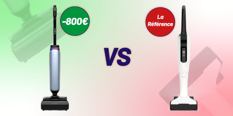 Duel visuel entre le Tineco S9 Artist (affiché avec une économie de 800€) et le Kobold VK7 de Vorwerk. Comparatif face-à-face des deux aspirateurs laveurs sur fond vert et rouge.