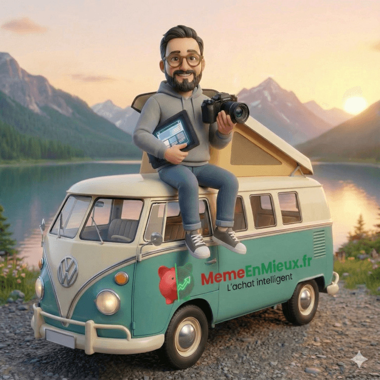 Illustration 3D du fondateur de Même En Mieux, un homme barbu à lunettes, assis sur le toit d'un van Volkswagen vintage arborant le logo du site. Il tient un appareil photo et une tablette dans un paysage de montagne au coucher du soleil.