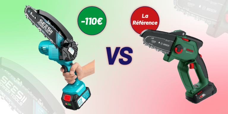Infographie de comparaison "VS" entre deux mini tronçonneuses sur batterie : à gauche, le modèle Seesii bleu turquoise avec une pastille verte indiquant "-110€", et à droite, le modèle Bosch vert avec une pastille rouge indiquant "La Référence".